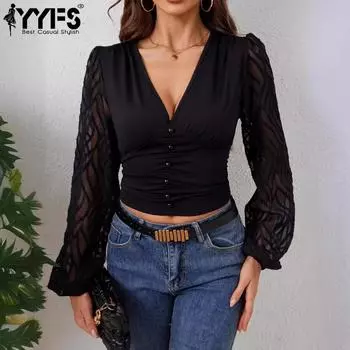 YYFS женские модные повседневные весенне-осенние однотонные блузки и рубашки с длинным рукавом и v-образным вырезом с принтом S чёрный