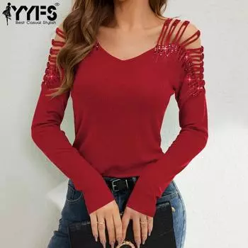 YYFS женские модные повседневные весенне-осенние однотонные блузки и рубашки с длинным рукавом и v-образным вырезом с принтом S чёрный