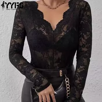 YYFS женские модные повседневные весенне-осенние однотонные блузки и рубашки с длинным рукавом и v-образным вырезом с принтом S чёрный