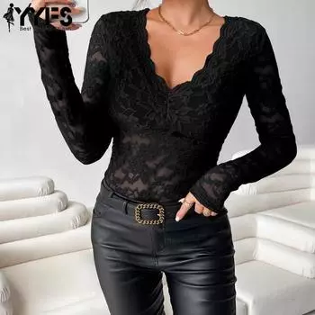 YYFS женские модные повседневные весенне-осенние однотонные блузки и рубашки с длинным рукавом и v-образным вырезом с принтом S чёрный