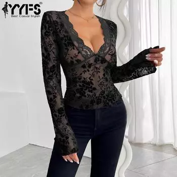 YYFS женские модные повседневные весенне-осенние однотонные блузки и рубашки с длинным рукавом и v-образным вырезом с принтом S чёрный