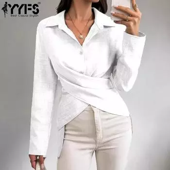 YYFS женские модные повседневные весенне-осенние однотонные рубашки-поло с длинным рукавом с принтом и воротником, блузки и рубашки S белый