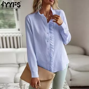 YYFS женские модные повседневные весенне-осенние однотонные блузки и рубашки с длинными рукавами и воротником-стойкой с принтом S белый