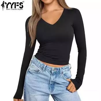 YYFS женские модные повседневные весенне-осенние однотонные блузки и рубашки с длинным рукавом и v-образным вырезом с принтом XS чёрный