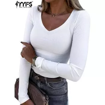 YYFS женские модные повседневные весенне-осенние однотонные блузки и рубашки с длинным рукавом и v-образным вырезом с принтом S белый