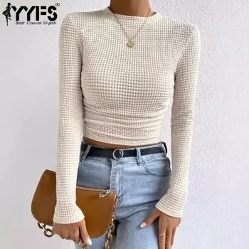 YYFS женские модные повседневные весенне-осенние однотонные блузки и рубашки с круглым вырезом и длинными рукавами с принтом S