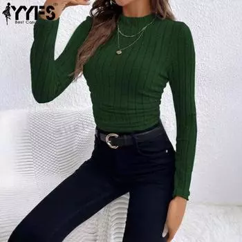YYFS женские модные повседневные весенне-осенние однотонные блузки и рубашки с круглым вырезом и длинными рукавами с принтом S темно-зеленого