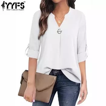 YYFS женские модные повседневные весенне-осенние однотонные блузки и рубашки с длинным рукавом и v-образным вырезом с принтом S белый