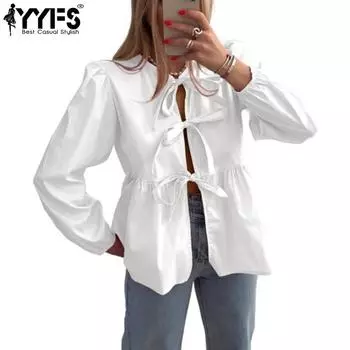 YYFS женские модные повседневные весенне-осенние однотонные блузки и рубашки с круглым вырезом и длинными рукавами с принтом S белый