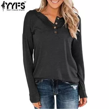 YYFS женские модные повседневные весенне-осенние однотонные блузки и рубашки с длинными рукавами и v-образным вырезом с принтом S чёрный