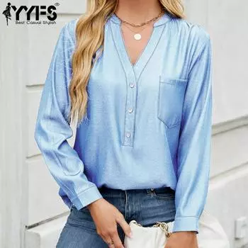 YYFS женские модные повседневные весенне-осенние однотонные блузки и рубашки с длинными рукавами и v-образным вырезом с принтом S светло-синий