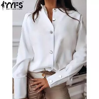 YYFS женские модные повседневные весенне-осенние однотонные блузки и рубашки с длинными рукавами с принтом S белый