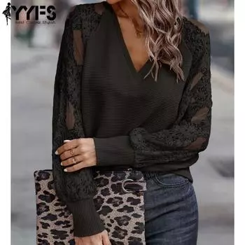 YYFS женские модные повседневные весенне-осенние однотонные блузки и рубашки с длинным рукавом и v-образным вырезом с принтом S чёрный