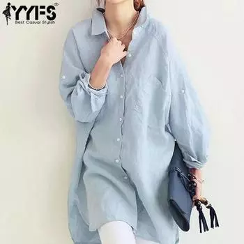 YYFS женские модные повседневные весенне-осенние однотонные рубашки-поло с длинным рукавом с принтом и воротником, блузки и рубашки S светло-синий