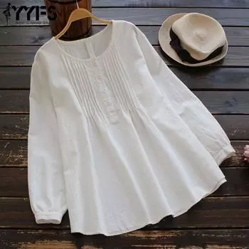 YYFS женские модные повседневные весенне-осенние однотонные блузки и рубашки с круглым вырезом и длинными рукавами с принтом S белый
