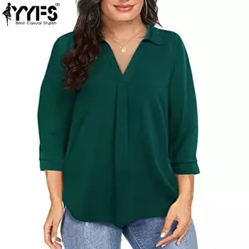 YYFS женские модные повседневные весенне-осенние однотонные рубашки-поло с длинным рукавом с принтом и воротником, блузки и рубашки XL зелёный