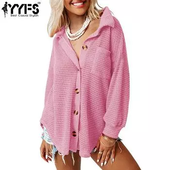 YYFS женские модные повседневные весенне-осенние однотонные рубашки-поло с длинным рукавом с принтом и воротником, блузки и рубашки S розовый