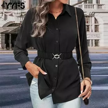 YYFS женские модные повседневные весенне-осенние однотонные рубашки-поло с длинным рукавом с принтом и воротником, блузки и рубашки S чёрный