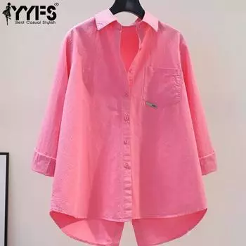 YYFS женские модные повседневные весенне-осенние однотонные рубашки-поло с длинным рукавом с принтом и воротником, блузки и рубашки M роза розовый