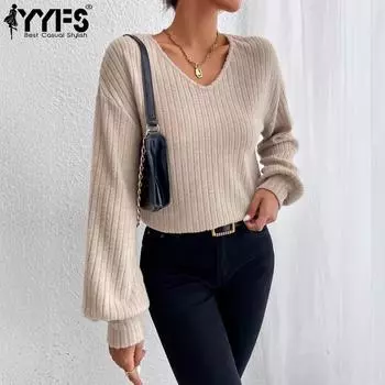 YYFS женские модные повседневные весенне-осенние однотонные блузки и рубашки с длинными рукавами и v-образным вырезом с принтом S абрикосовый