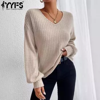 YYFS женские модные повседневные весенне-осенние однотонные блузки и рубашки с длинными рукавами и v-образным вырезом с принтом S абрикосовый