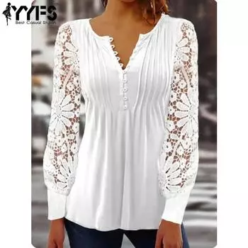 YYFS женские модные повседневные весенне-осенние однотонные блузки и рубашки с длинным рукавом и v-образным вырезом с принтом S белый