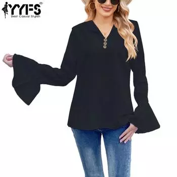 YYFS женские модные повседневные весенне-осенние однотонные блузки и рубашки с длинным рукавом и v-образным вырезом с принтом S чёрный