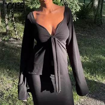 YYFS женские модные повседневные весенне-осенние однотонные блузки и рубашки с длинным рукавом и v-образным вырезом с принтом S чёрный