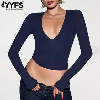YYFS женские модные повседневные весенне-осенние однотонные блузки и рубашки с длинным рукавом и v-образным вырезом с принтом S темно-синий