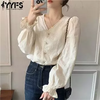 YYFS женские модные повседневные весенне-осенние однотонные блузки и рубашки с длинными рукавами и v-образным вырезом с принтом S абрикосовый