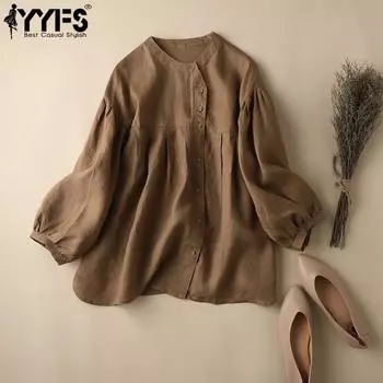YYFS женские модные повседневные весенне-осенние однотонные блузки и рубашки с круглым вырезом и длинными рукавами с принтом M хаки