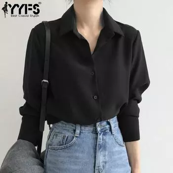 YYFS женские модные повседневные весенне-осенние однотонные рубашки-поло с длинным рукавом с принтом и воротником, блузки и рубашки S чёрный