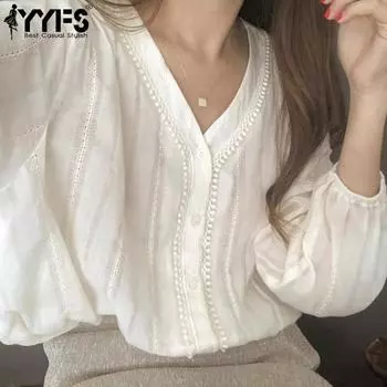 YYFS женские модные повседневные весенне-осенние однотонные блузки и рубашки с длинными рукавами и v-образным вырезом с принтом S