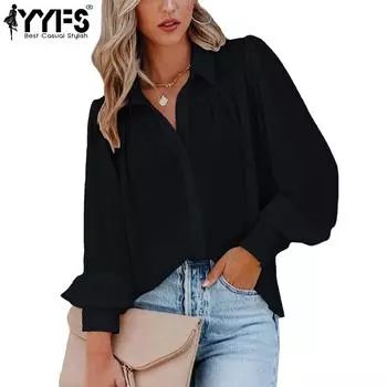 YYFS женские модные повседневные весенне-осенние однотонные рубашки-поло с длинным рукавом с принтом и воротником, блузки и рубашки S чёрный