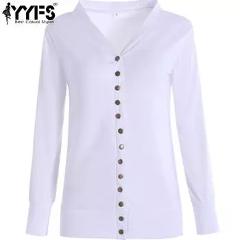 YYFS женские модные повседневные весенне-осенние однотонные блузки и рубашки с длинными рукавами и v-образным вырезом с принтом S белый