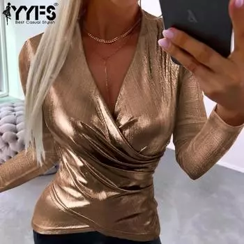 YYFS женские модные повседневные весенне-осенние однотонные блузки и рубашки с длинным рукавом и v-образным вырезом с принтом S серебряный