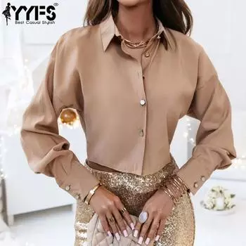 YYFS женские модные повседневные весенне-осенние однотонные рубашки-поло с длинным рукавом с принтом и воротником, блузки и рубашки