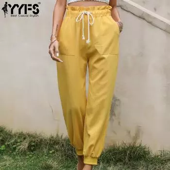 YYFS женские модные повседневные желтые однотонные брюки с высокой талией и капри с принтом L жёлтый