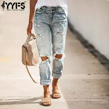 YYFS женские модные рваные джинсовые повседневные брюки со средней талией, повседневные брюки и капри S светло-синий