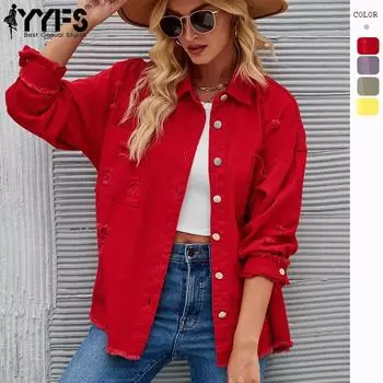 YYFS женские модные рваные джинсовые повседневные осенне-зимние однотонные рубашки-поло с длинными рукавами и принтом, блузки и рубашки, верхняя куртка