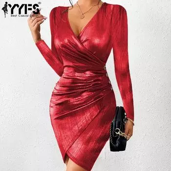 YYFS женские модные весенне-осенние однотонные платья с длинным рукавом и v-образным вырезом, сексуальные повседневные платья, коктейльные и вечерние платья S чёрный