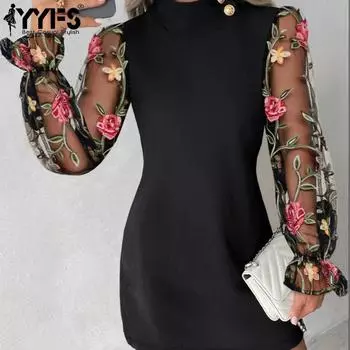 YYFS женские модные весенне-осенние однотонные повседневные платья с цветочным узором и длинным рукавом с круглым вырезом XXL чёрный