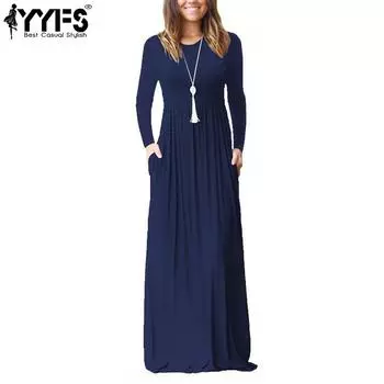 YYFS женские модные весенне-осенние однотонные повседневные платья с длинным рукавом и круглым вырезом с принтом S