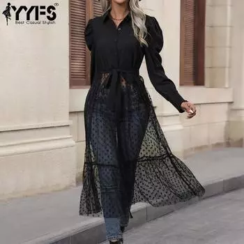 YYFS женские модные весенне-осенние однотонные повседневные платья с длинными рукавами и принтом поло со средней талией S чёрный