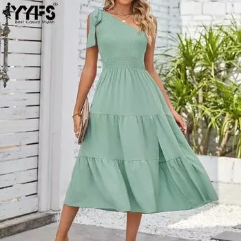 YYFS женские модные весенне-осенние однотонные повседневные платья без рукавов с высокой талией и принтом S
