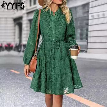 YYFS женские модные весенне-осенние однотонные повседневные платья с длинным рукавом и воротником-стойкой со средней талией S чёрный