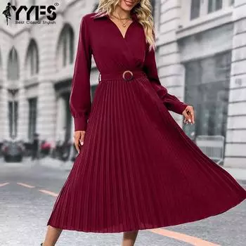 YYFS женские модные весенне-осенние однотонные повседневные платья с длинными рукавами и воротником-поло с принтом S бордовый