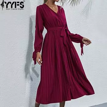 YYFS женские модные весенне-осенние однотонные повседневные платья с длинным рукавом и v-образным вырезом с принтом S бордовый