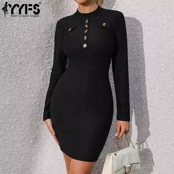 YYFS женские модные весенне-осенние однотонные повседневные платья с длинным рукавом и воротником средней талии с длинными рукавами S чёрный