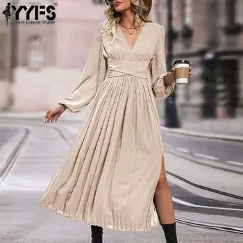 YYFS женские модные весенне-осенние однотонные повседневные платья с длинным рукавом и v-образным вырезом со средней талией S абрикосовый